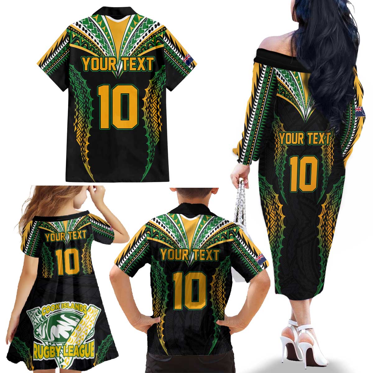 Custom Cook Islands Rugby League Family Matching Off The Shoulder Long Sleeve Dress and Hawaiian Shirt Tatau Tribal Pattern-Special Edition Black Color