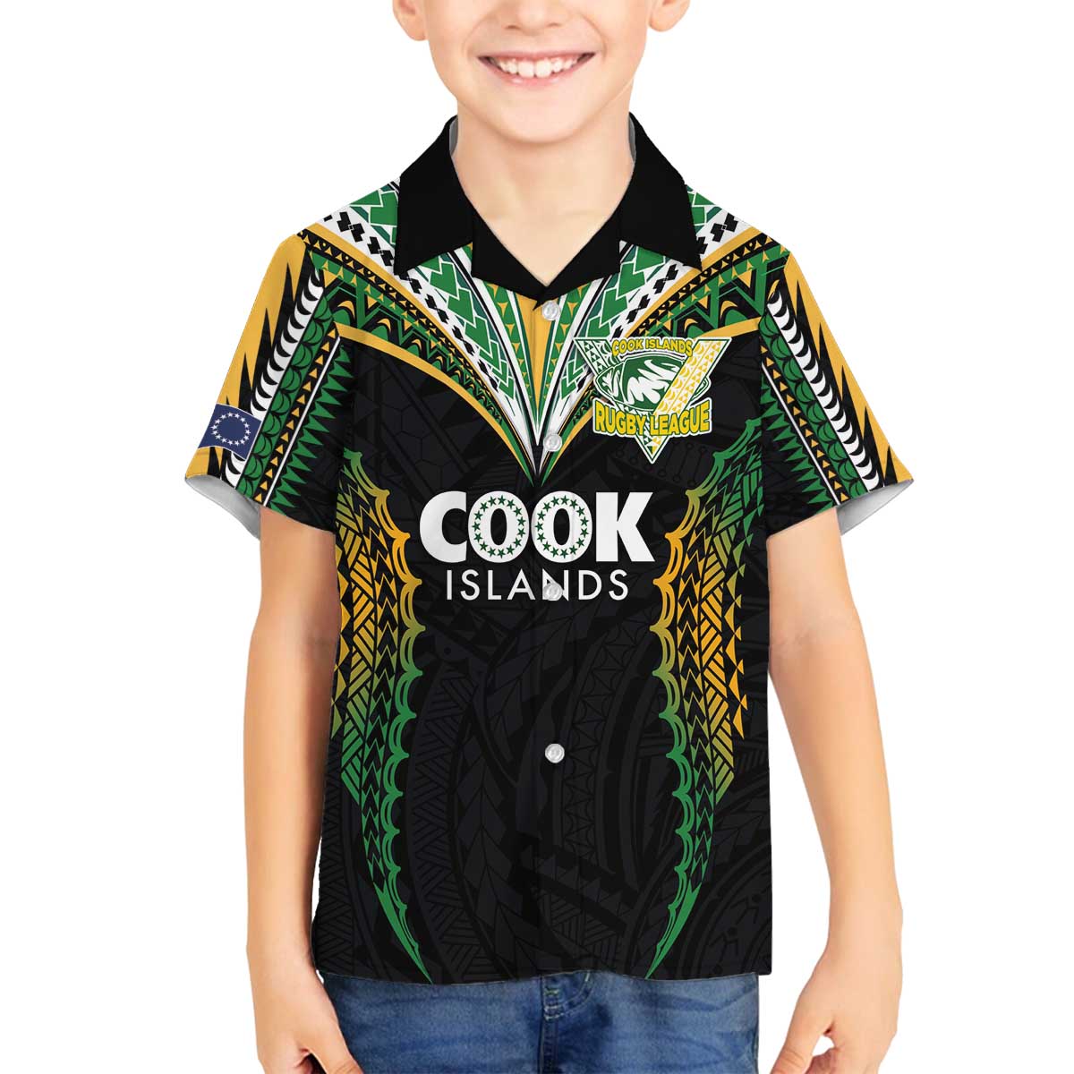 Custom Cook Islands Rugby League Family Matching Off The Shoulder Long Sleeve Dress and Hawaiian Shirt Tatau Tribal Pattern-Special Edition Black Color