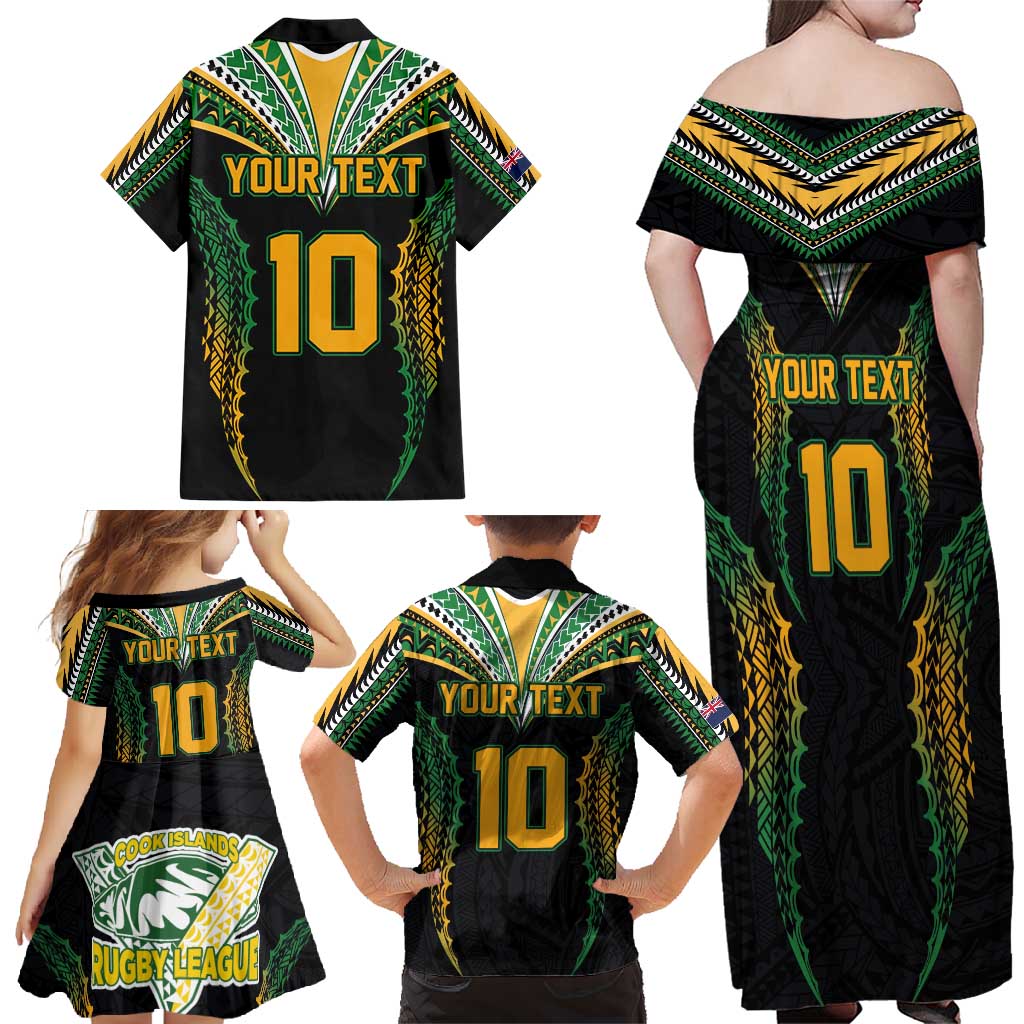 Custom Cook Islands Rugby League Family Matching Off Shoulder Maxi Dress and Hawaiian Shirt Tatau Tribal Pattern-Special Edition Black Color