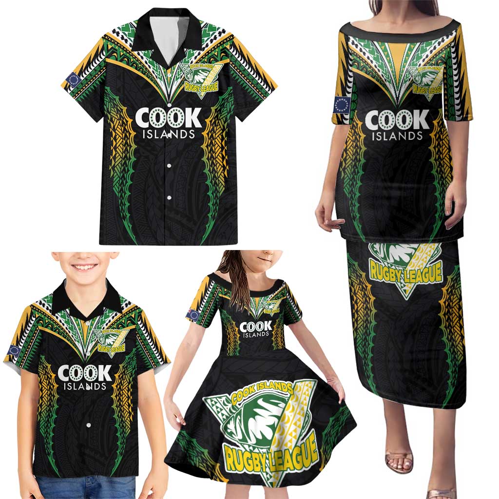 Custom Cook Islands Rugby League Family Matching Puletasi and Hawaiian Shirt Tatau Tribal Pattern-Special Edition Black Color