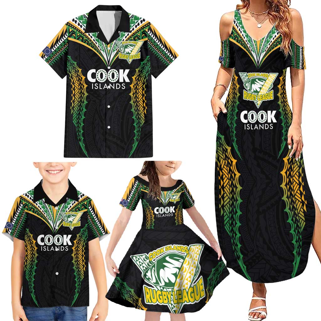 Custom Cook Islands Rugby League Family Matching Summer Maxi Dress and Hawaiian Shirt Tatau Tribal Pattern-Special Edition Black Color