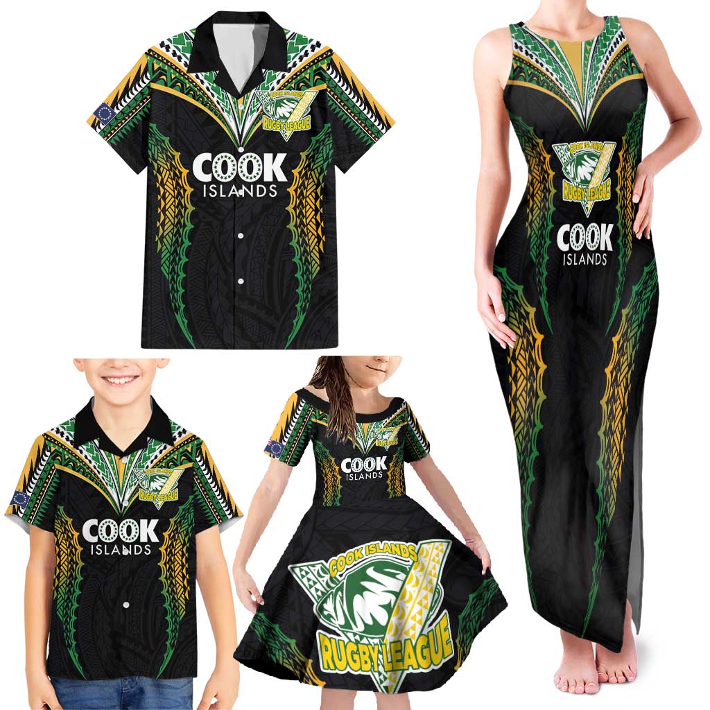 Custom Cook Islands Rugby League Family Matching Tank Maxi Dress and Hawaiian Shirt Tatau Tribal Pattern-Special Edition Black Color