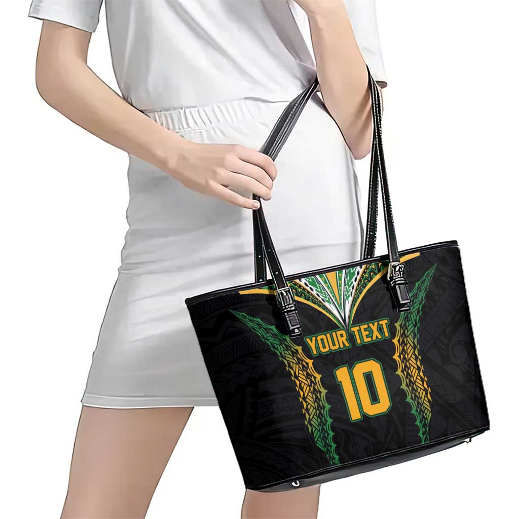 Custom Cook Islands Rugby League Leather Tote Bag Tatau Tribal Pattern-Special Edition Black Color