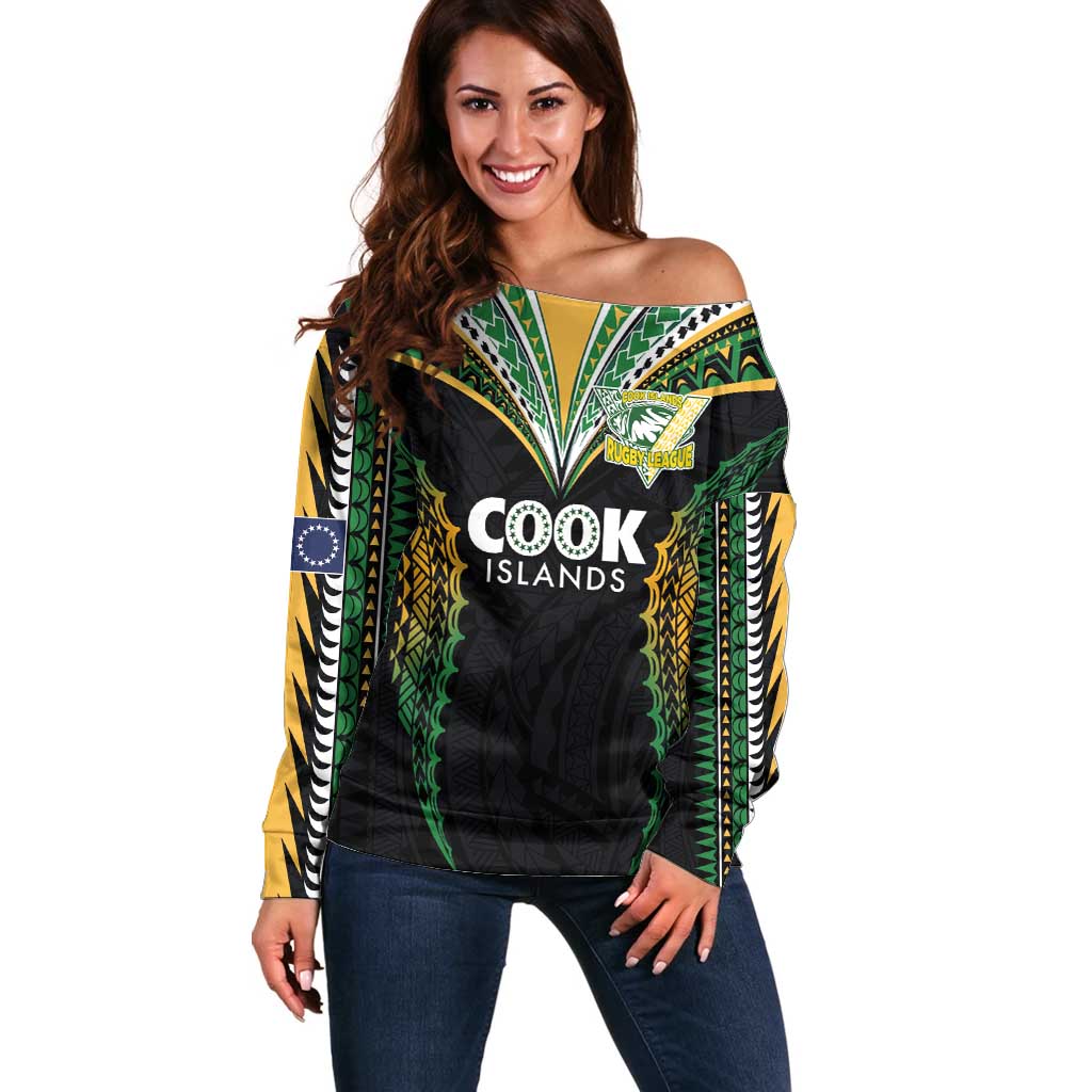 Custom Cook Islands Rugby League Off Shoulder Sweater Tatau Tribal Pattern-Special Edition Black Color