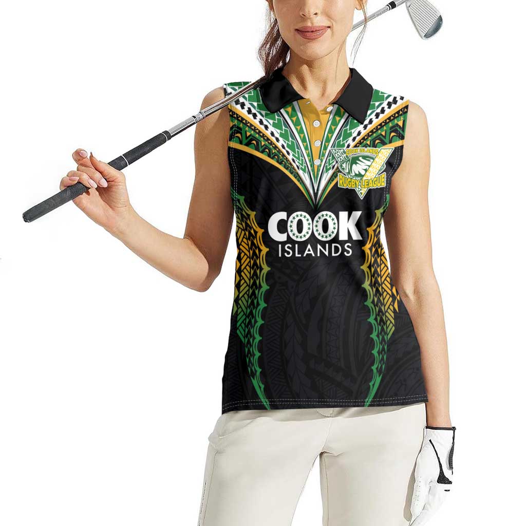 Custom Cook Islands Rugby League Women Sleeveless Polo Shirt Tatau Tribal Pattern-Special Edition Black Color