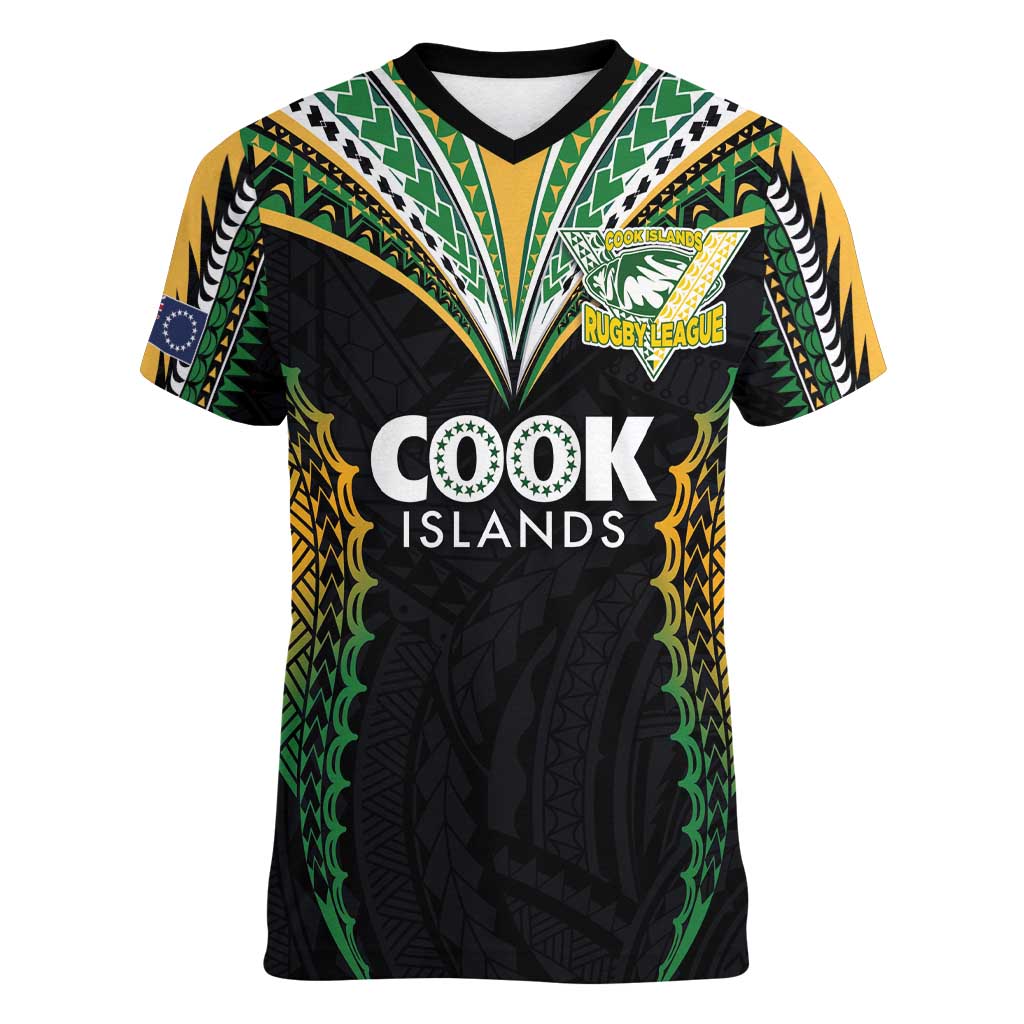 Custom Cook Islands Rugby League Women V-Neck T-Shirt Tatau Tribal Pattern-Special Edition Black Color