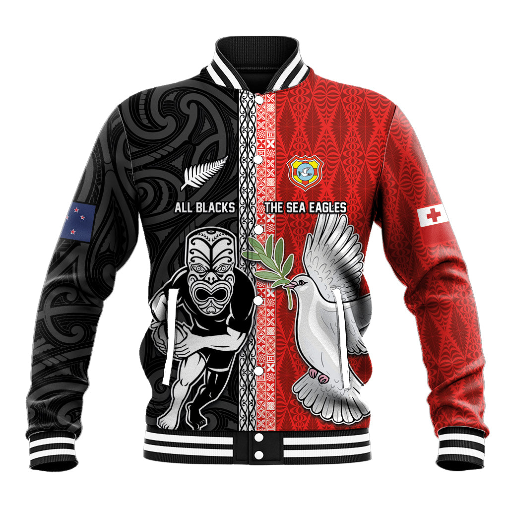 Custom Tonga and New Zealand Rugby Baseball Jacket Maori Mix Ngatu Pattern