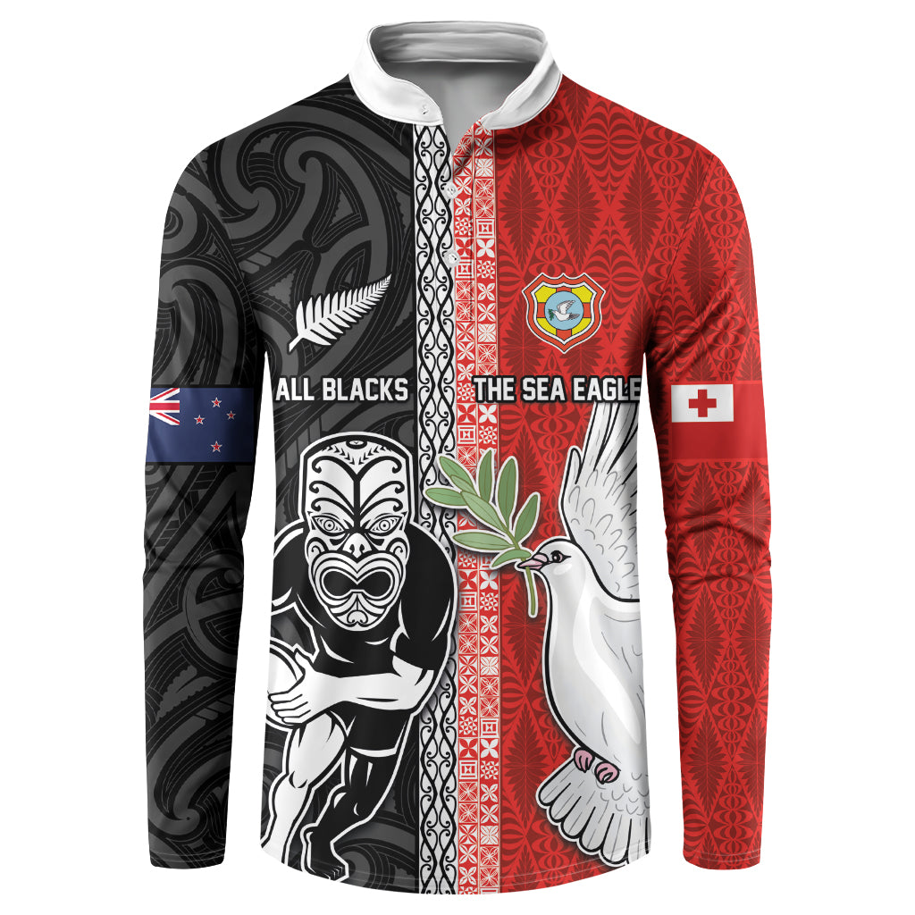 Custom Tonga and New Zealand Rugby Button Sweatshirt Maori Mix Ngatu Pattern