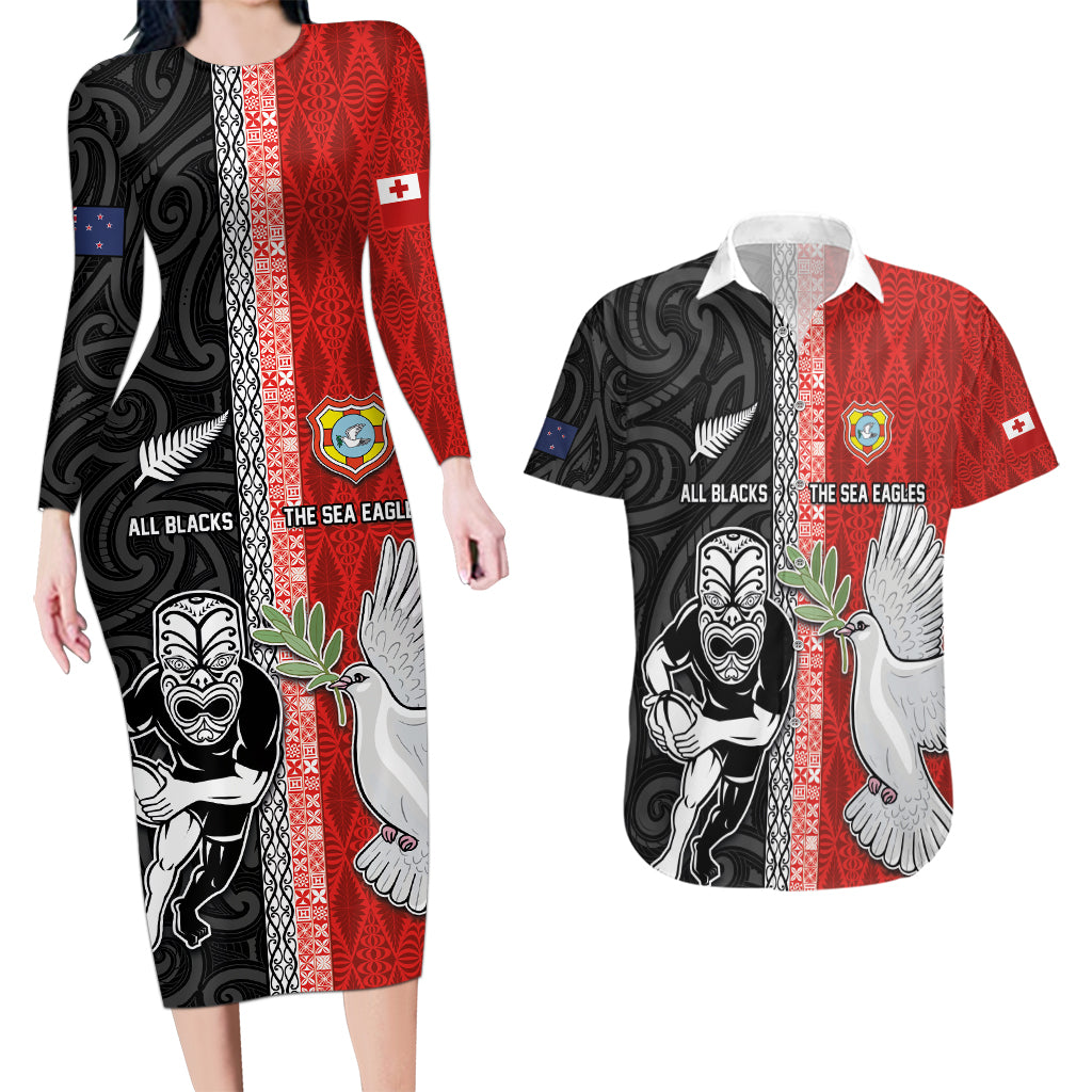 Custom Tonga and New Zealand Rugby Couples Matching Long Sleeve Bodycon Dress and Hawaiian Shirt Maori Mix Ngatu Pattern