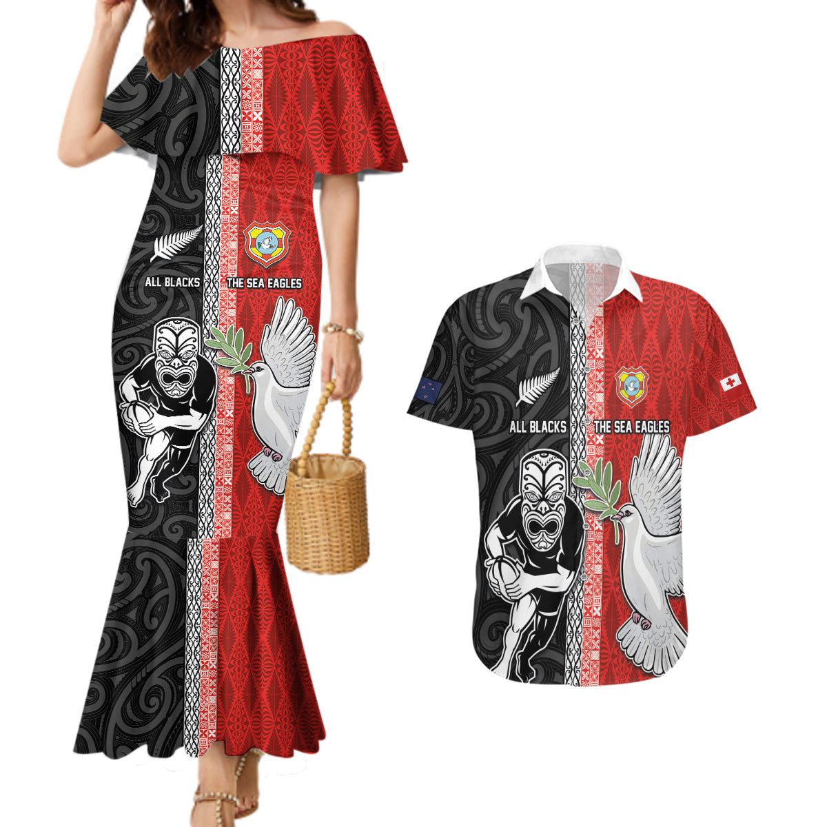 Custom Tonga and New Zealand Rugby Couples Matching Mermaid Dress and Hawaiian Shirt Maori Mix Ngatu Pattern