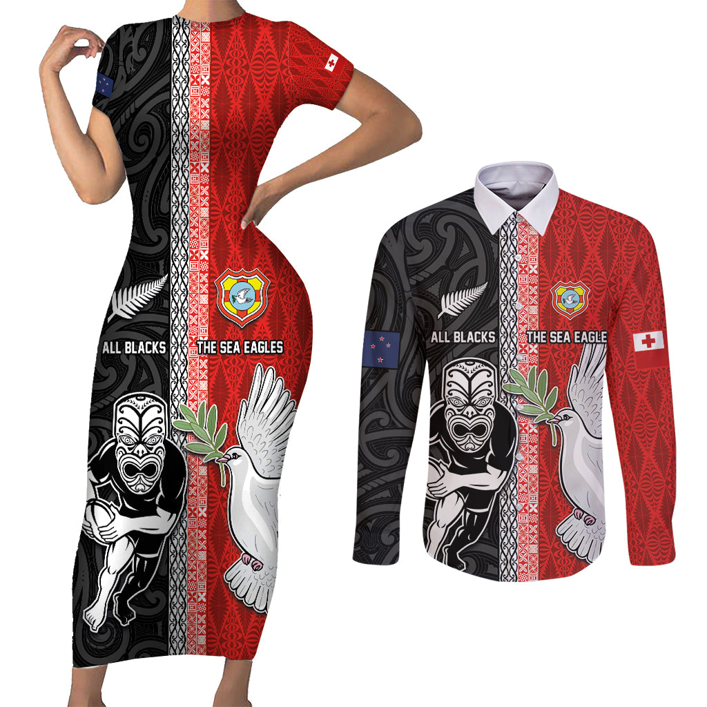 Custom Tonga and New Zealand Rugby Couples Matching Short Sleeve Bodycon Dress and Long Sleeve Button Shirt Maori Mix Ngatu Pattern