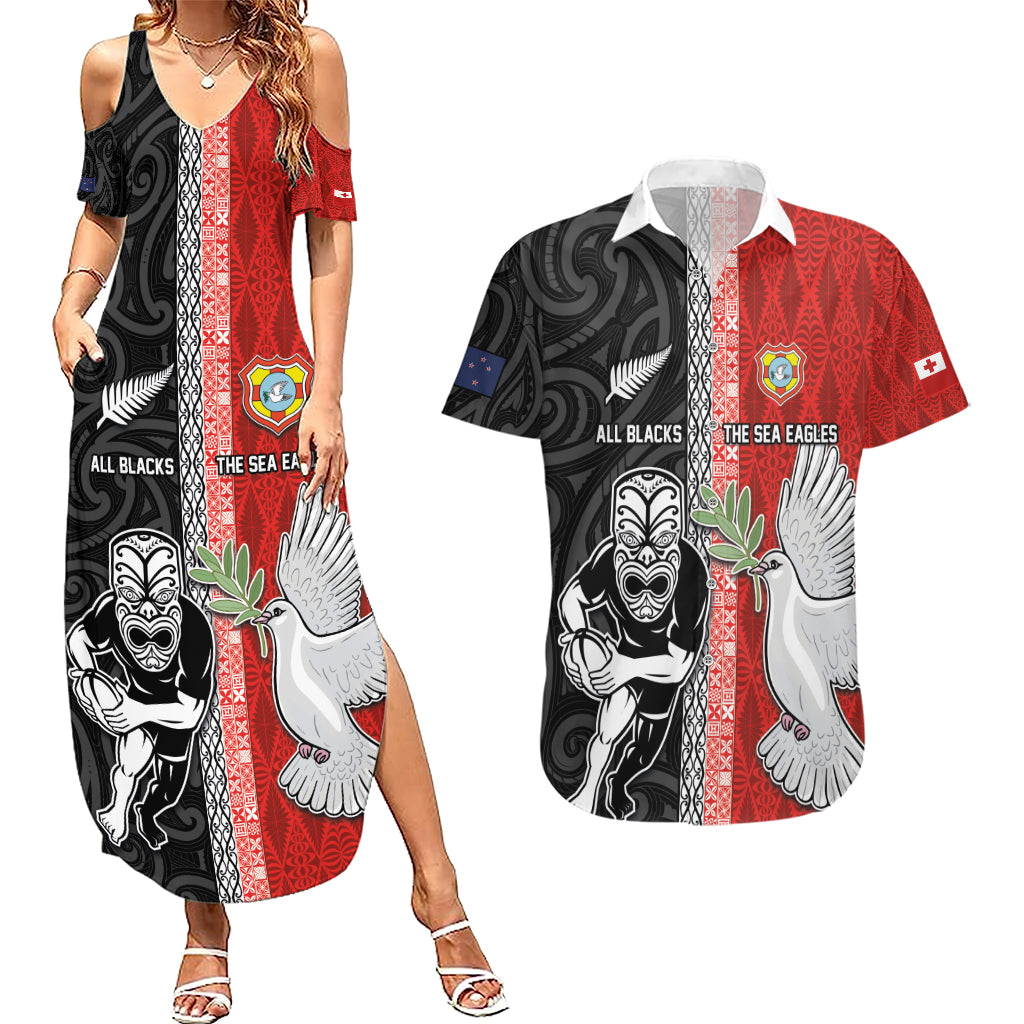 Custom Tonga and New Zealand Rugby Couples Matching Summer Maxi Dress and Hawaiian Shirt Maori Mix Ngatu Pattern