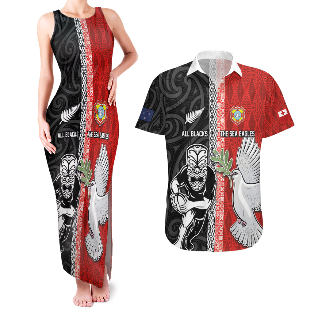 Custom Tonga and New Zealand Rugby Couples Matching Tank Maxi Dress and Hawaiian Shirt Maori Mix Ngatu Pattern