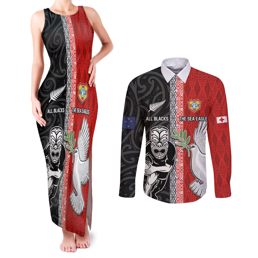 Custom Tonga and New Zealand Rugby Couples Matching Tank Maxi Dress and Long Sleeve Button Shirt Maori Mix Ngatu Pattern