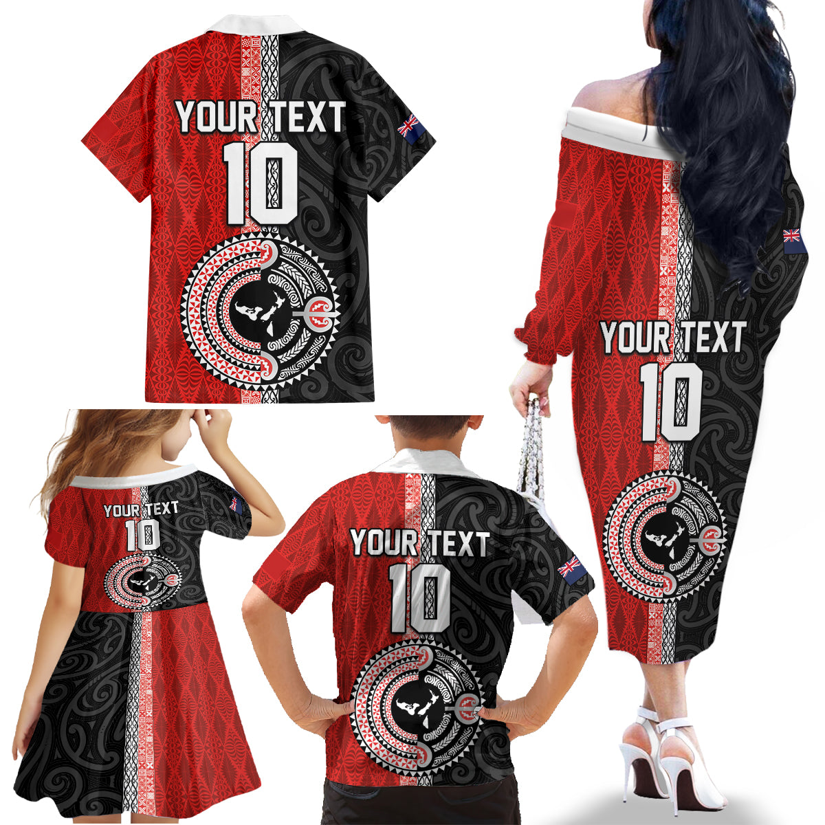Custom Tonga and New Zealand Rugby Family Matching Off The Shoulder Long Sleeve Dress and Hawaiian Shirt Maori Mix Ngatu Pattern