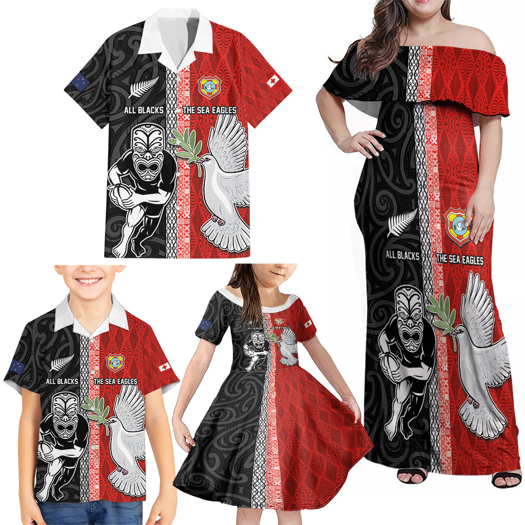 Custom Tonga and New Zealand Rugby Family Matching Off Shoulder Maxi Dress and Hawaiian Shirt Maori Mix Ngatu Pattern