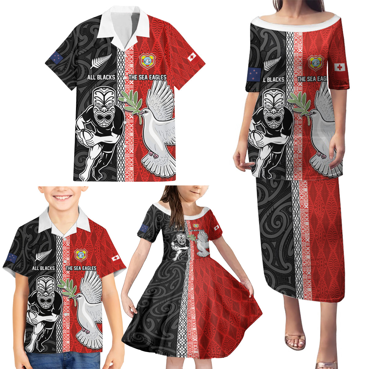 Custom Tonga and New Zealand Rugby Family Matching Puletasi and Hawaiian Shirt Maori Mix Ngatu Pattern