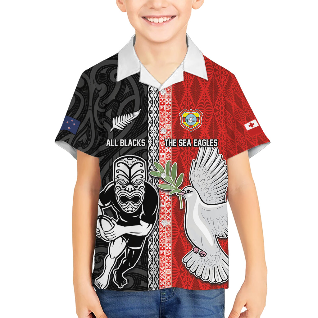 Custom Tonga and New Zealand Rugby Kid Hawaiian Shirt Maori Mix Ngatu Pattern