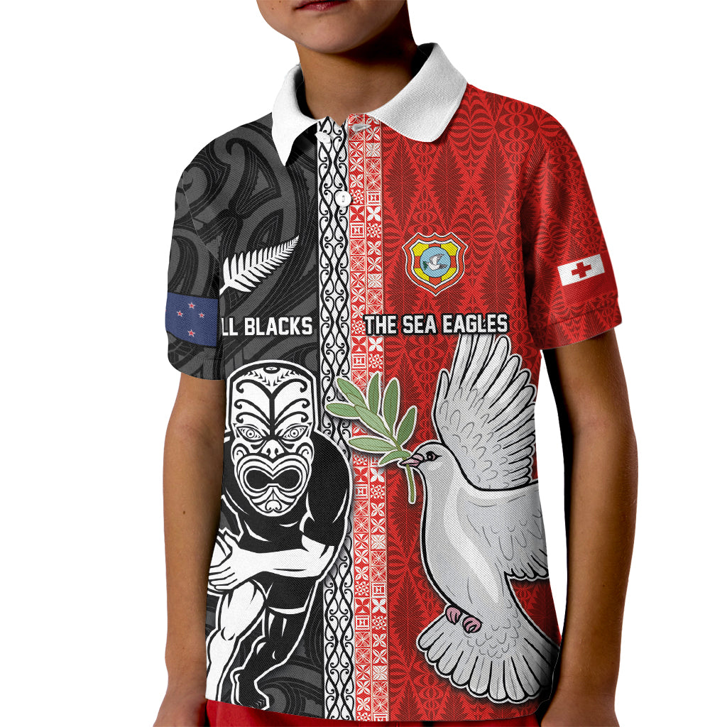 Custom Tonga and New Zealand Rugby Kid Polo Shirt Maori Mix Ngatu Pattern