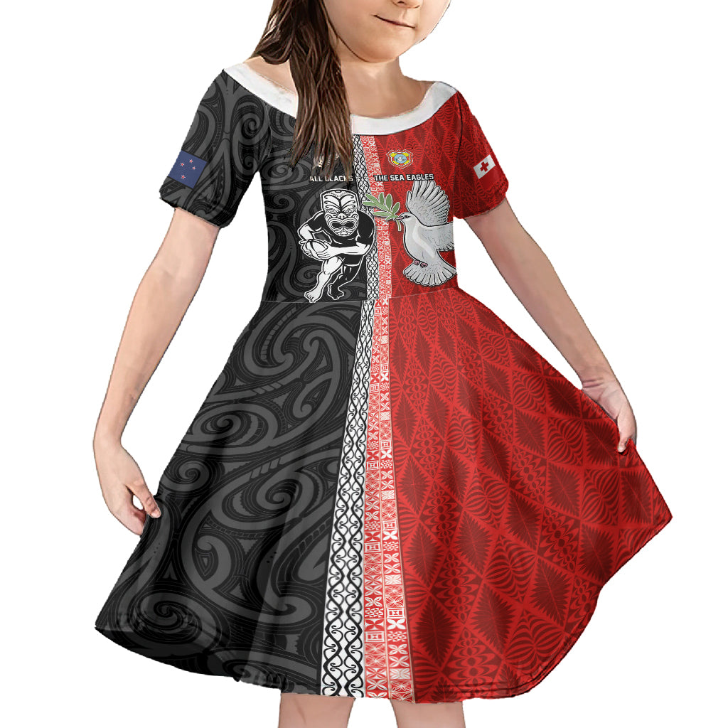 Custom Tonga and New Zealand Rugby Kid Short Sleeve Dress Maori Mix Ngatu Pattern