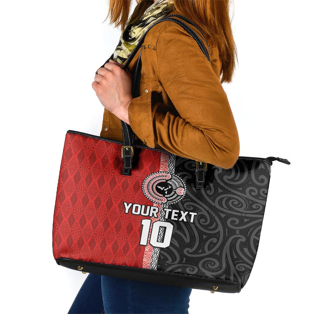 Custom Tonga and New Zealand Rugby Leather Tote Bag Maori Mix Ngatu Pattern