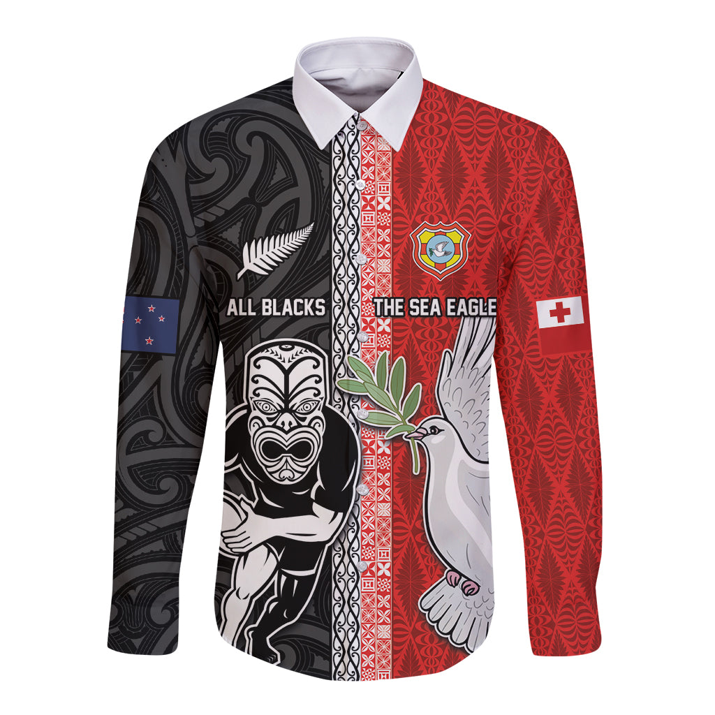 Custom Tonga and New Zealand Rugby Long Sleeve Button Shirt Maori Mix Ngatu Pattern