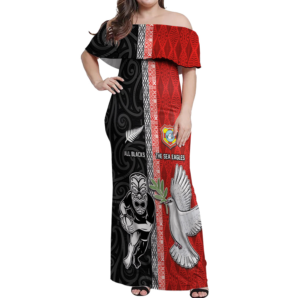 Custom Tonga and New Zealand Rugby Off Shoulder Maxi Dress Maori Mix Ngatu Pattern