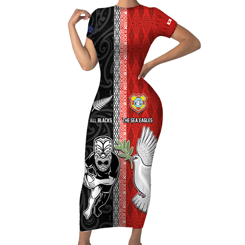 Custom Tonga and New Zealand Rugby Short Sleeve Bodycon Dress Maori Mix Ngatu Pattern