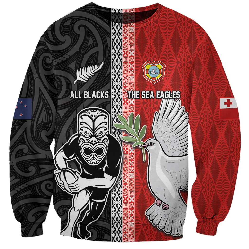 Custom Tonga and New Zealand Rugby Sweatshirt Maori Mix Ngatu Pattern