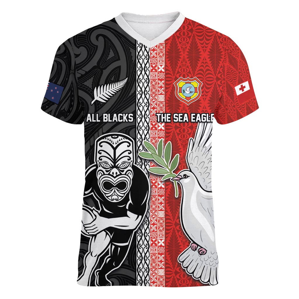 Custom Tonga and New Zealand Rugby Women V-Neck T-Shirt Maori Mix Ngatu Pattern