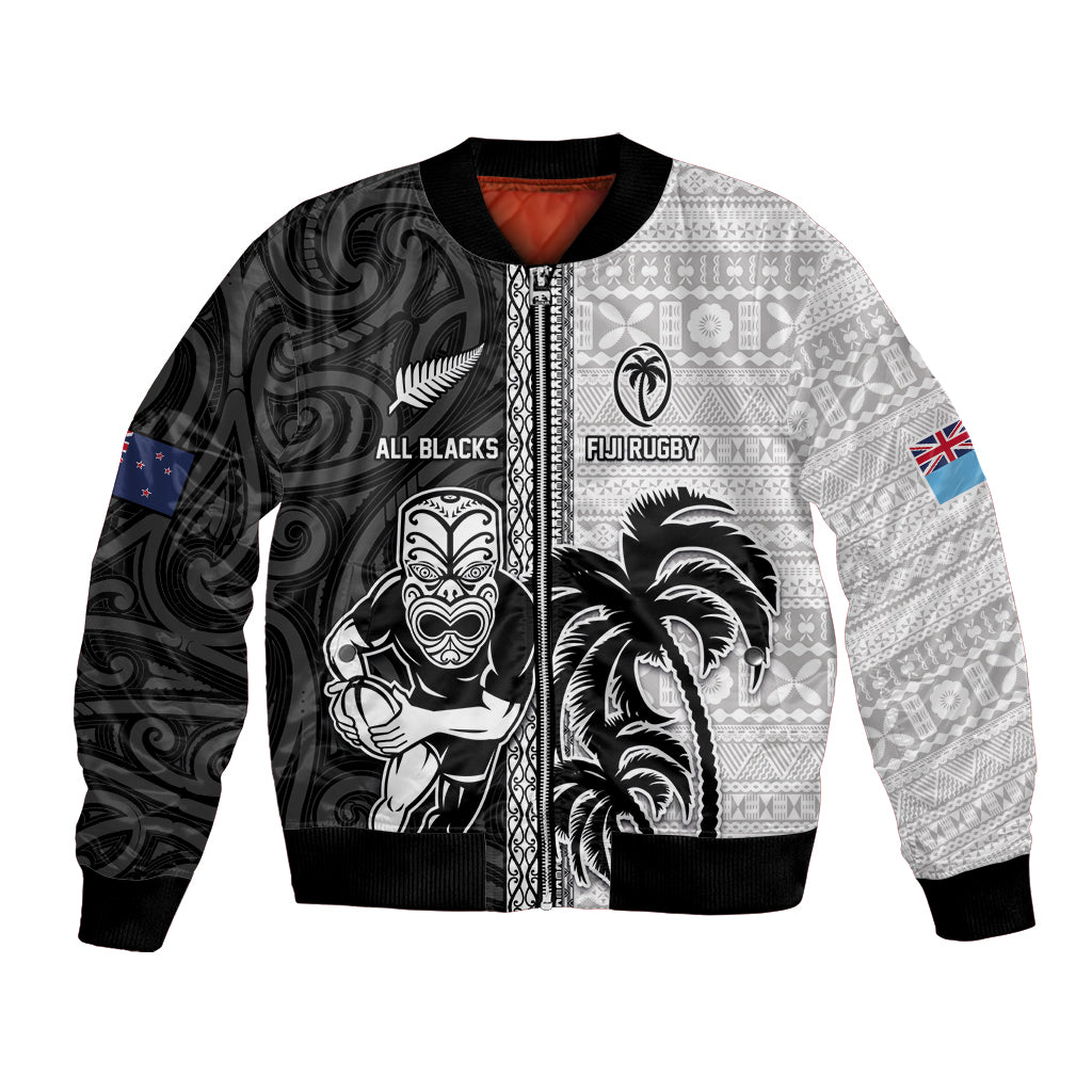 Custom Fiji and New Zealand Rugby Bomber Jacket Tapa Mix Maori Pattern