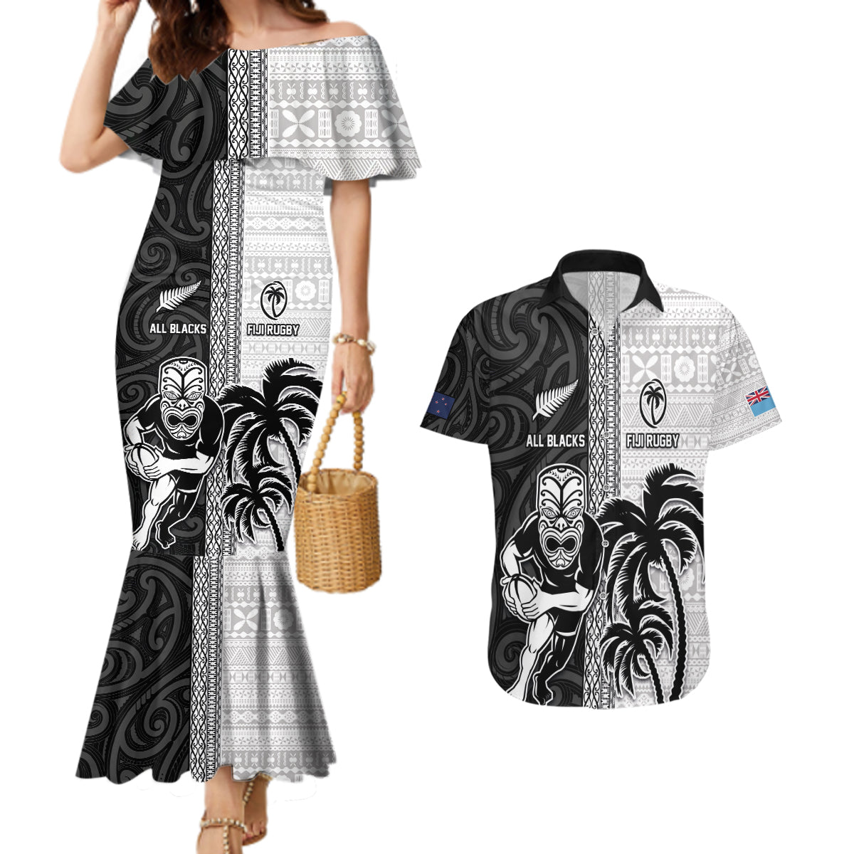 Custom Fiji and New Zealand Rugby Couples Matching Mermaid Dress and Hawaiian Shirt Tapa Mix Maori Pattern