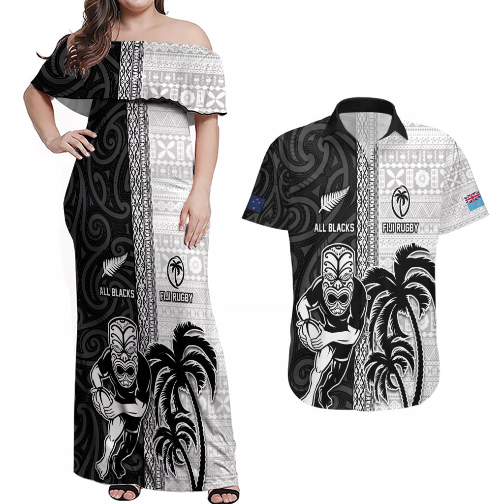 Custom Fiji and New Zealand Rugby Couples Matching Off Shoulder Maxi Dress and Hawaiian Shirt Tapa Mix Maori Pattern