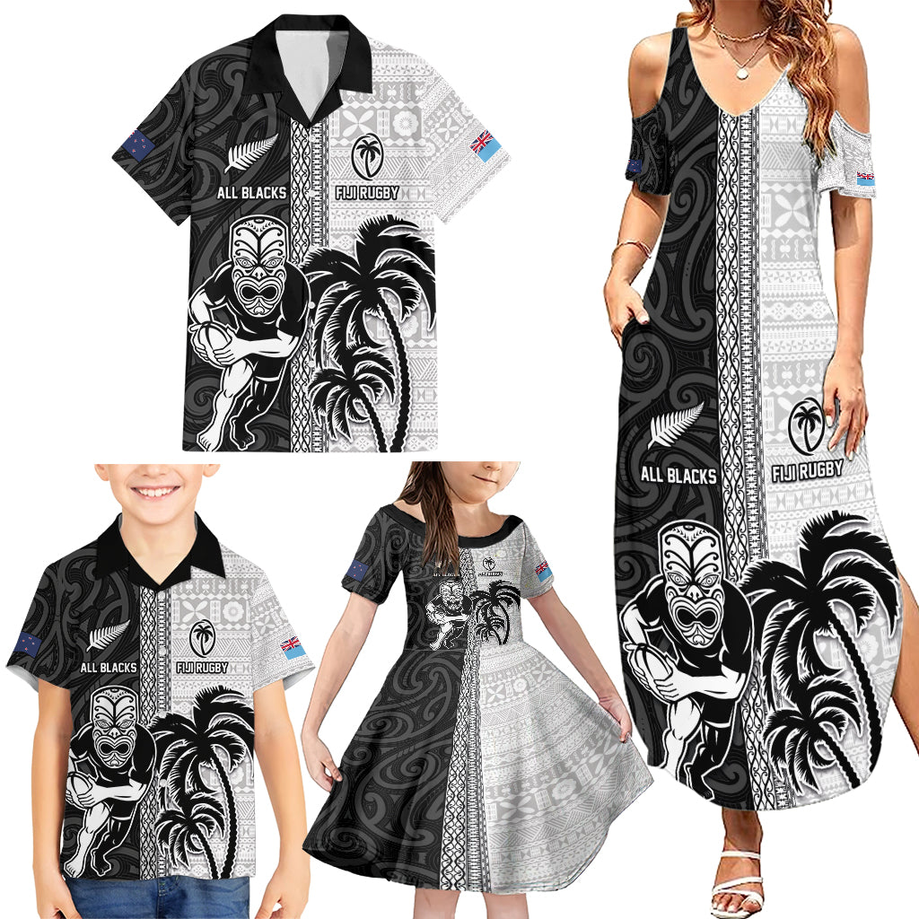 Custom Fiji and New Zealand Rugby Family Matching Summer Maxi Dress and Hawaiian Shirt Tapa Mix Maori Pattern