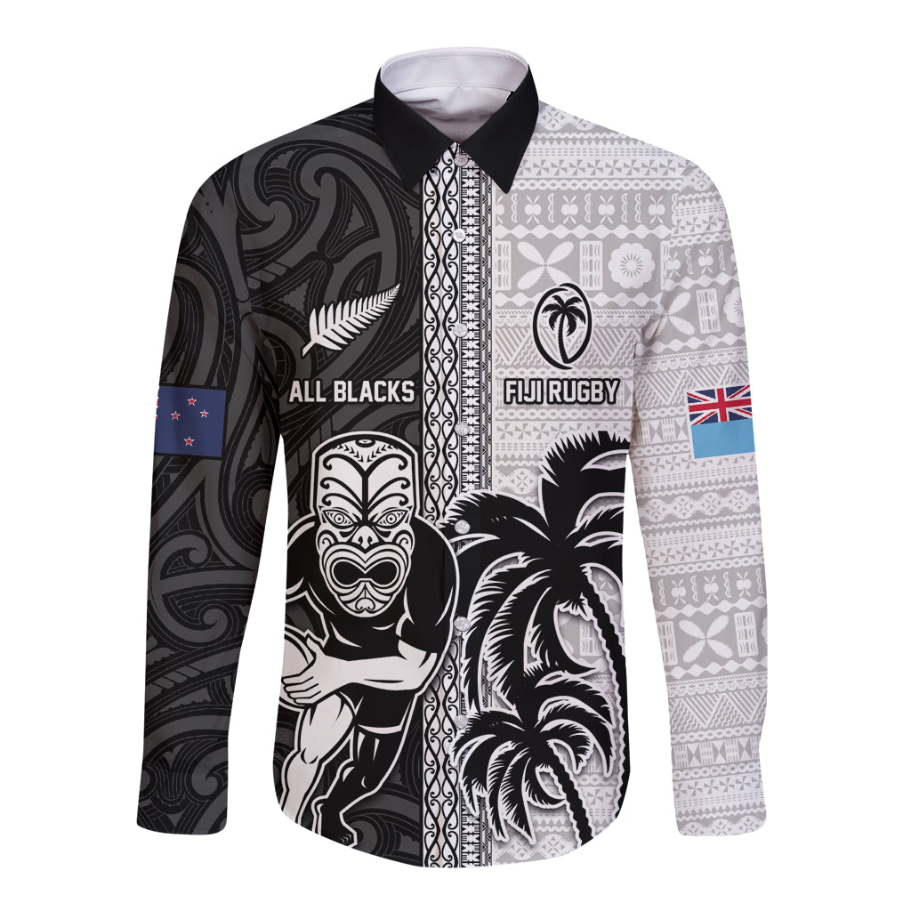 Custom Fiji and New Zealand Rugby Long Sleeve Button Shirt Tapa Mix Maori Pattern