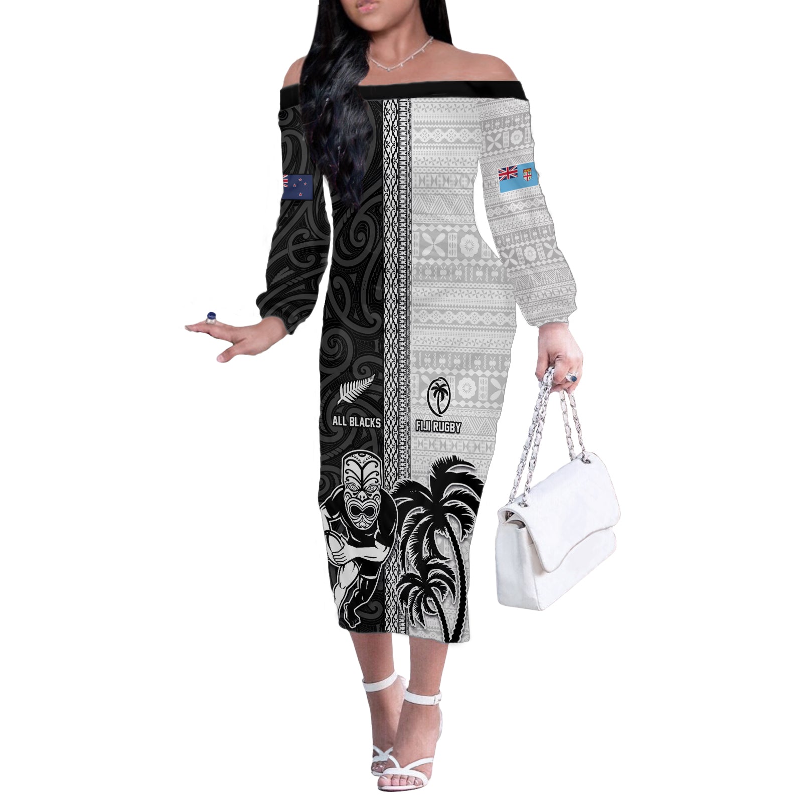 Custom Fiji and New Zealand Rugby Off The Shoulder Long Sleeve Dress Tapa Mix Maori Pattern