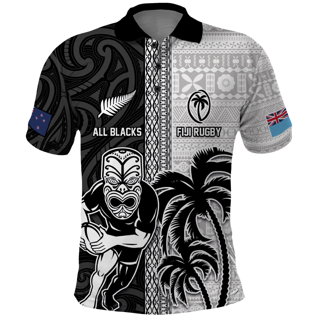 Custom Fiji and New Zealand Rugby Polo Shirt Tapa Mix Maori Pattern