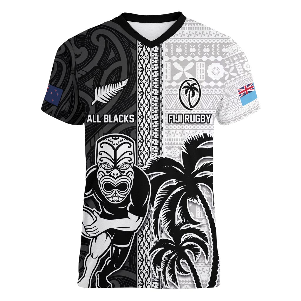 Custom Fiji and New Zealand Rugby Women V-Neck T-Shirt Tapa Mix Maori Pattern