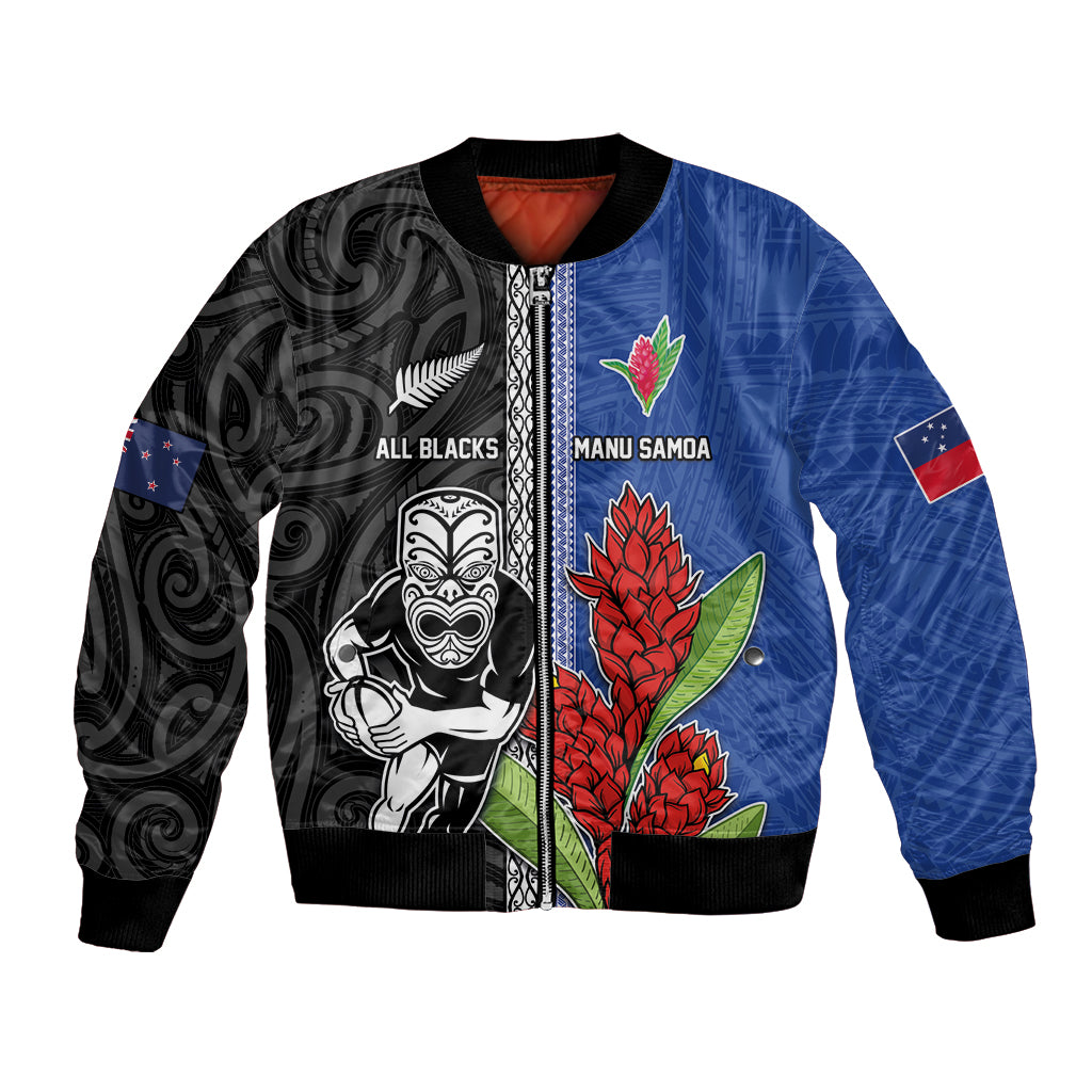 Custom Samoa and New Zealand Rugby Bomber Jacket Teuila Samoan and Maori Warrior