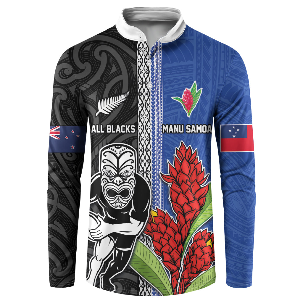 Custom Samoa and New Zealand Rugby Button Sweatshirt Teuila Samoan and Maori Warrior