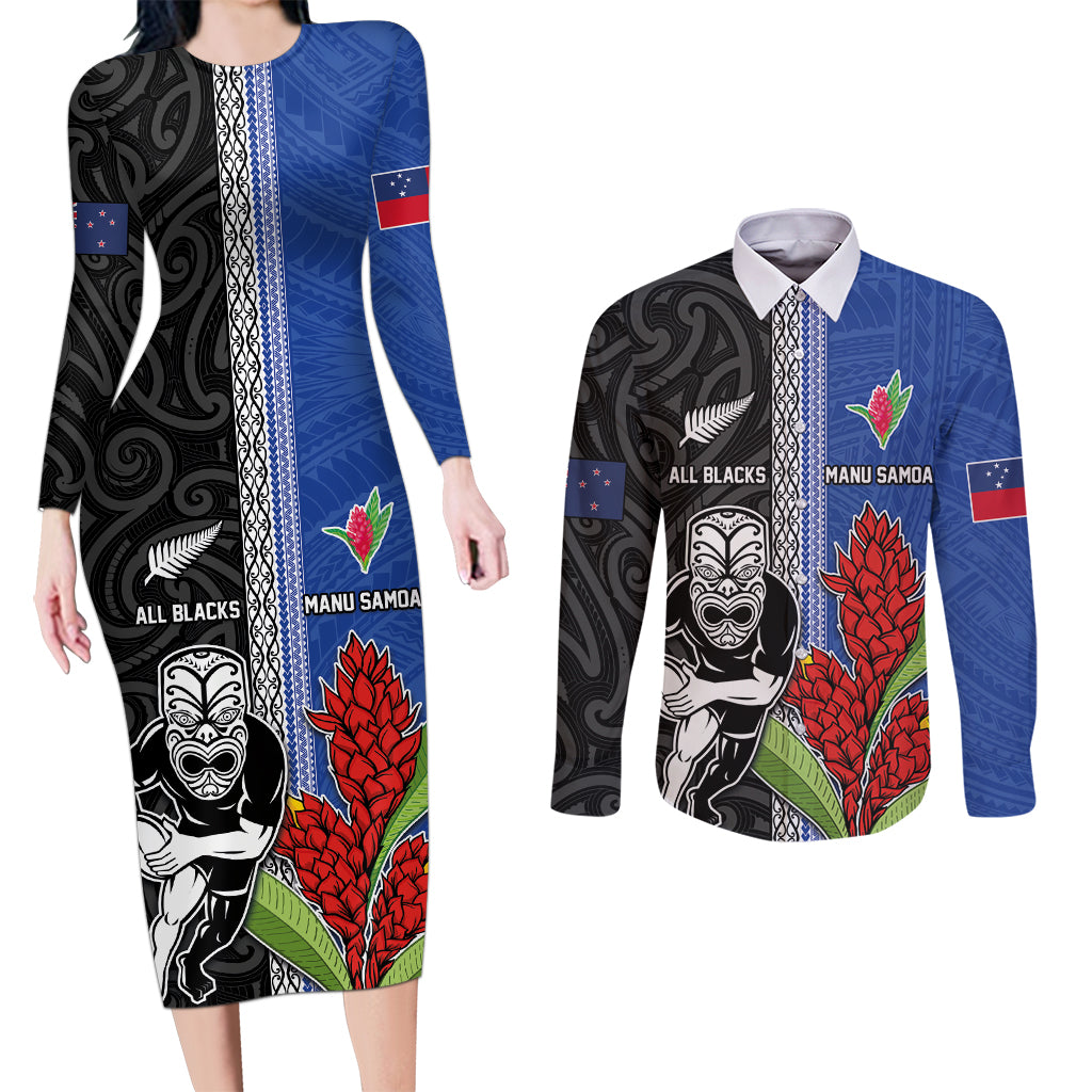 Custom Samoa and New Zealand Rugby Couples Matching Long Sleeve Bodycon Dress and Long Sleeve Button Shirt Teuila Samoan and Maori Warrior