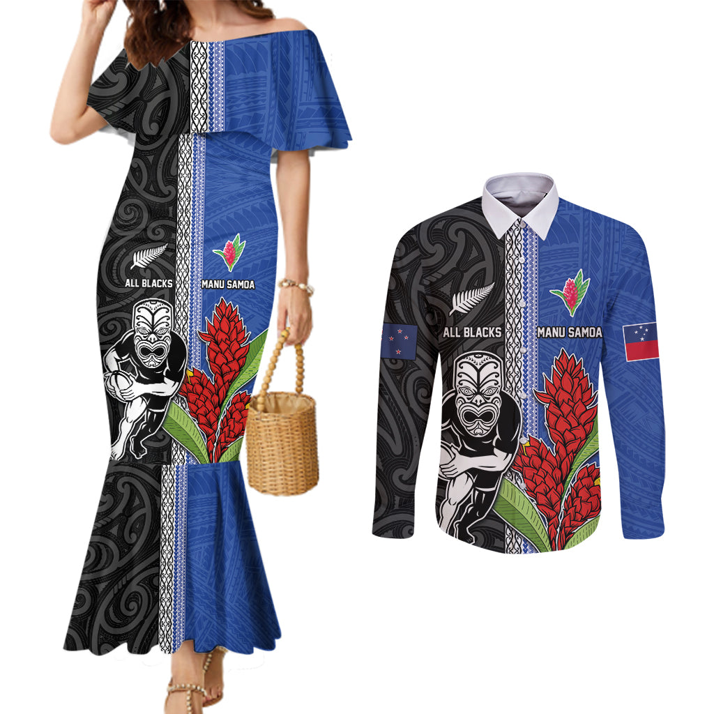 Custom Samoa and New Zealand Rugby Couples Matching Mermaid Dress and Long Sleeve Button Shirt Teuila Samoan and Maori Warrior