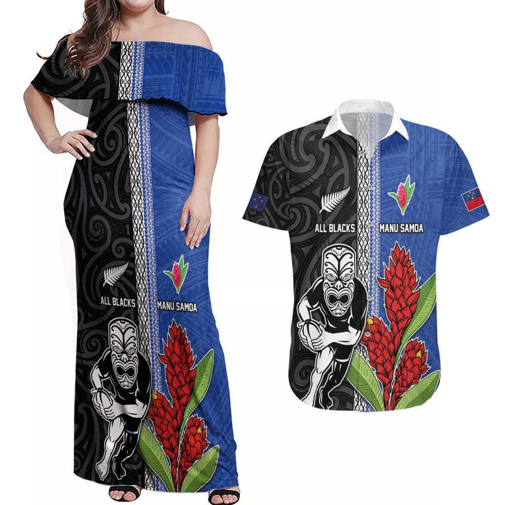 Custom Samoa and New Zealand Rugby Couples Matching Off Shoulder Maxi Dress and Hawaiian Shirt Teuila Samoan and Maori Warrior