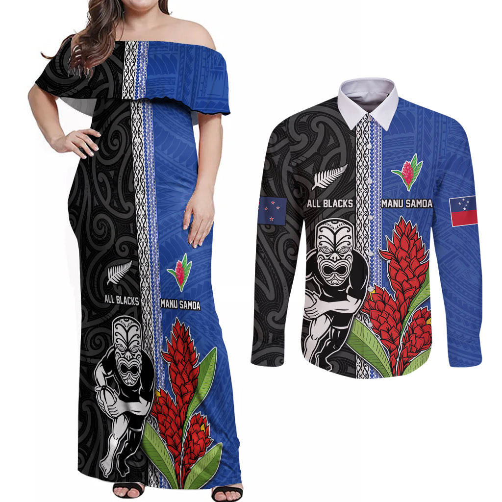 Custom Samoa and New Zealand Rugby Couples Matching Off Shoulder Maxi Dress and Long Sleeve Button Shirt Teuila Samoan and Maori Warrior