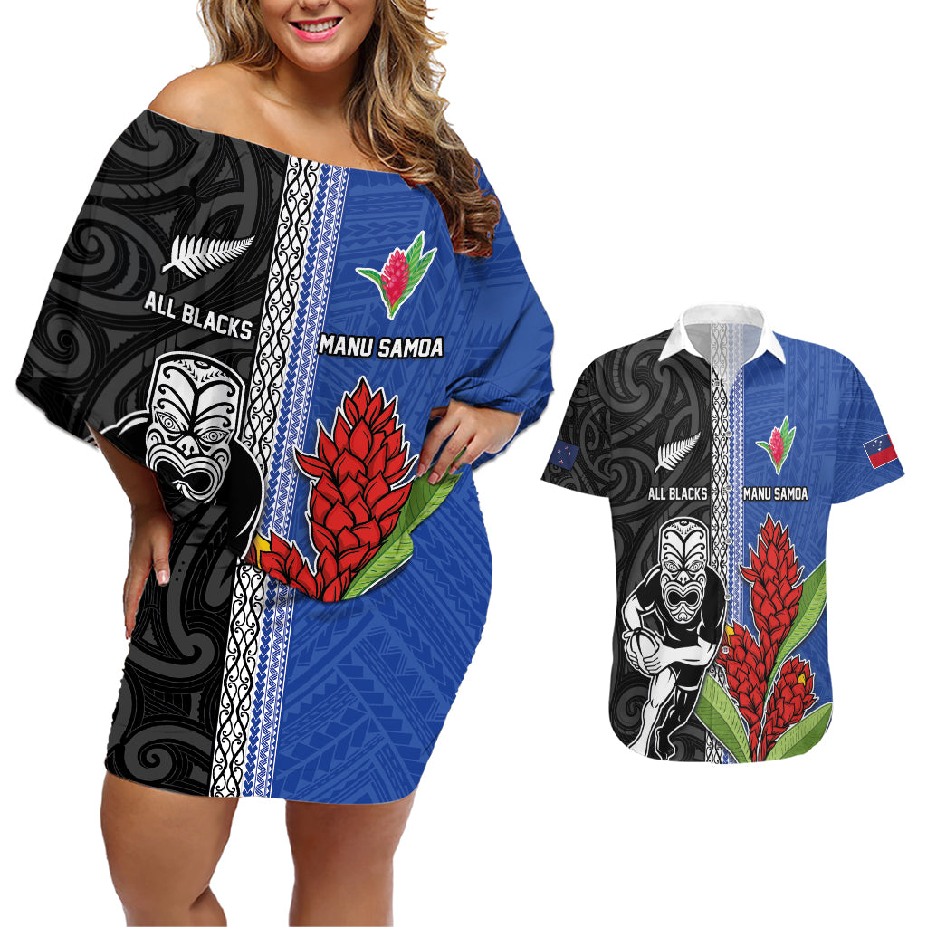 Custom Samoa and New Zealand Rugby Couples Matching Off Shoulder Short Dress and Hawaiian Shirt Teuila Samoan and Maori Warrior