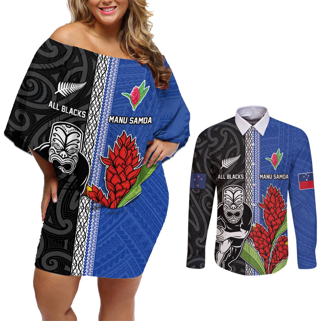 Custom Samoa and New Zealand Rugby Couples Matching Off Shoulder Short Dress and Long Sleeve Button Shirt Teuila Samoan and Maori Warrior