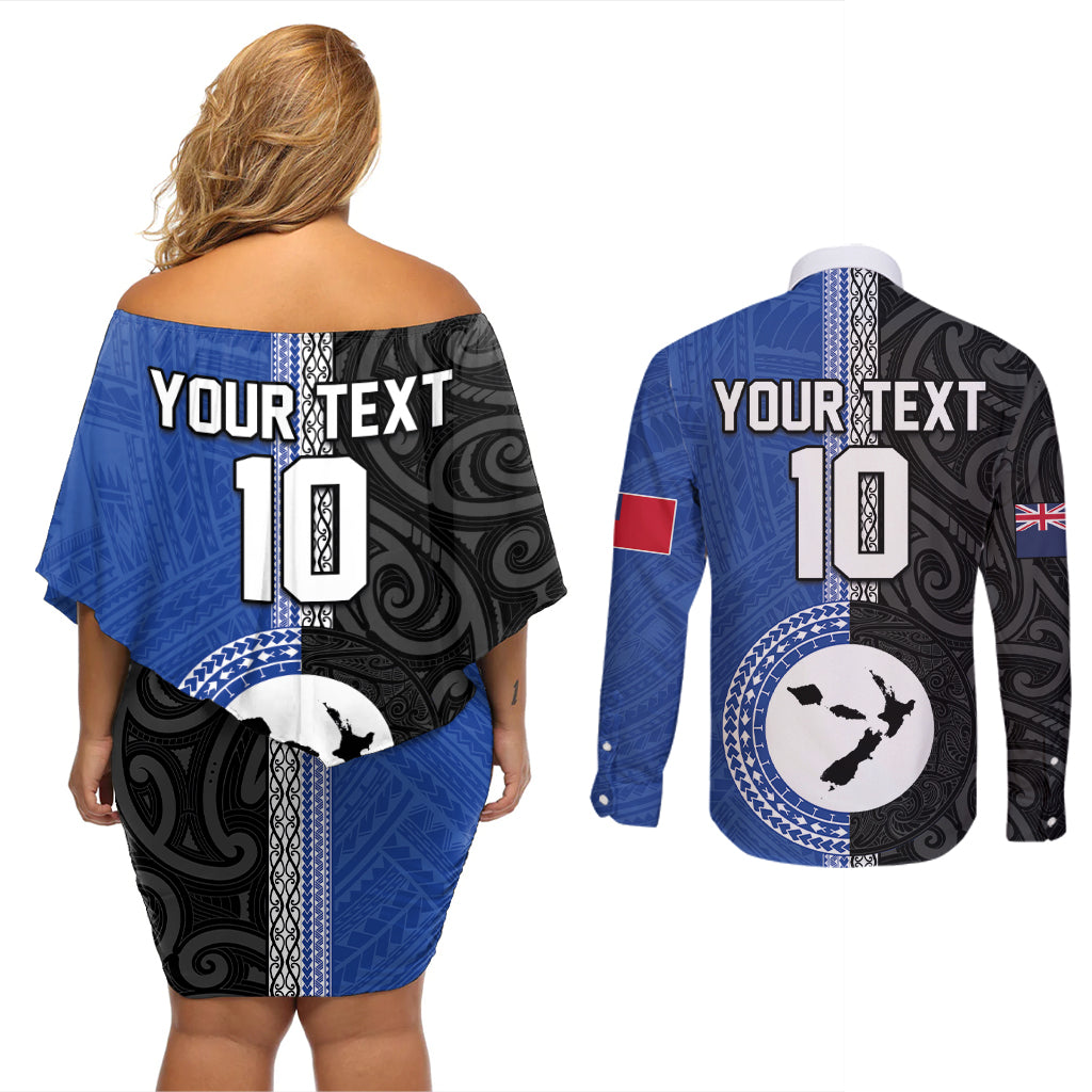 Custom Samoa and New Zealand Rugby Couples Matching Off Shoulder Short Dress and Long Sleeve Button Shirt Teuila Samoan and Maori Warrior
