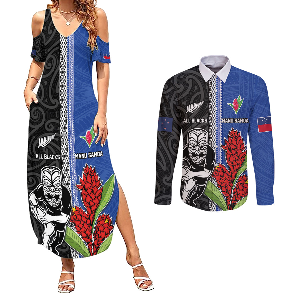 Custom Samoa and New Zealand Rugby Couples Matching Summer Maxi Dress and Long Sleeve Button Shirt Teuila Samoan and Maori Warrior