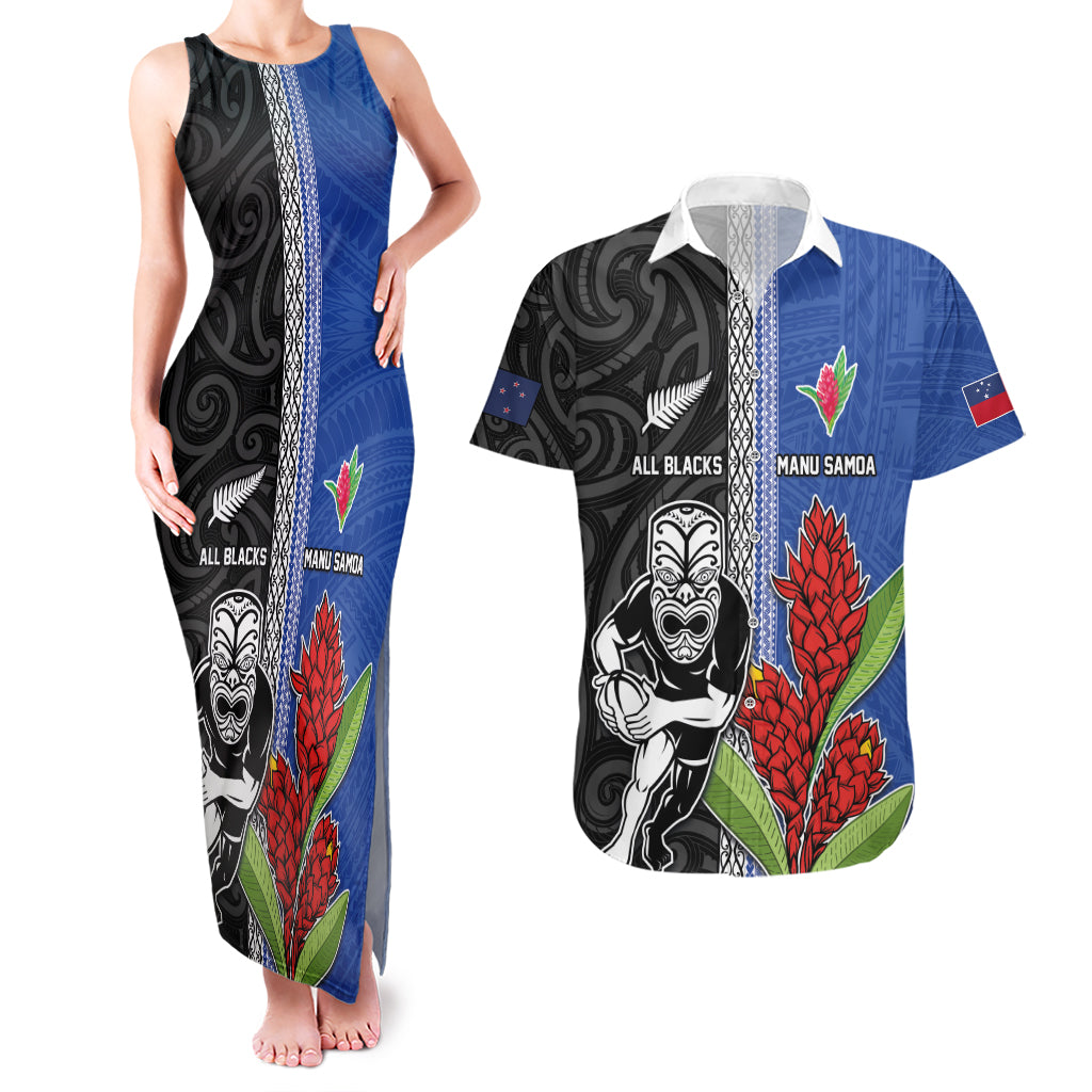 Custom Samoa and New Zealand Rugby Couples Matching Tank Maxi Dress and Hawaiian Shirt Teuila Samoan and Maori Warrior