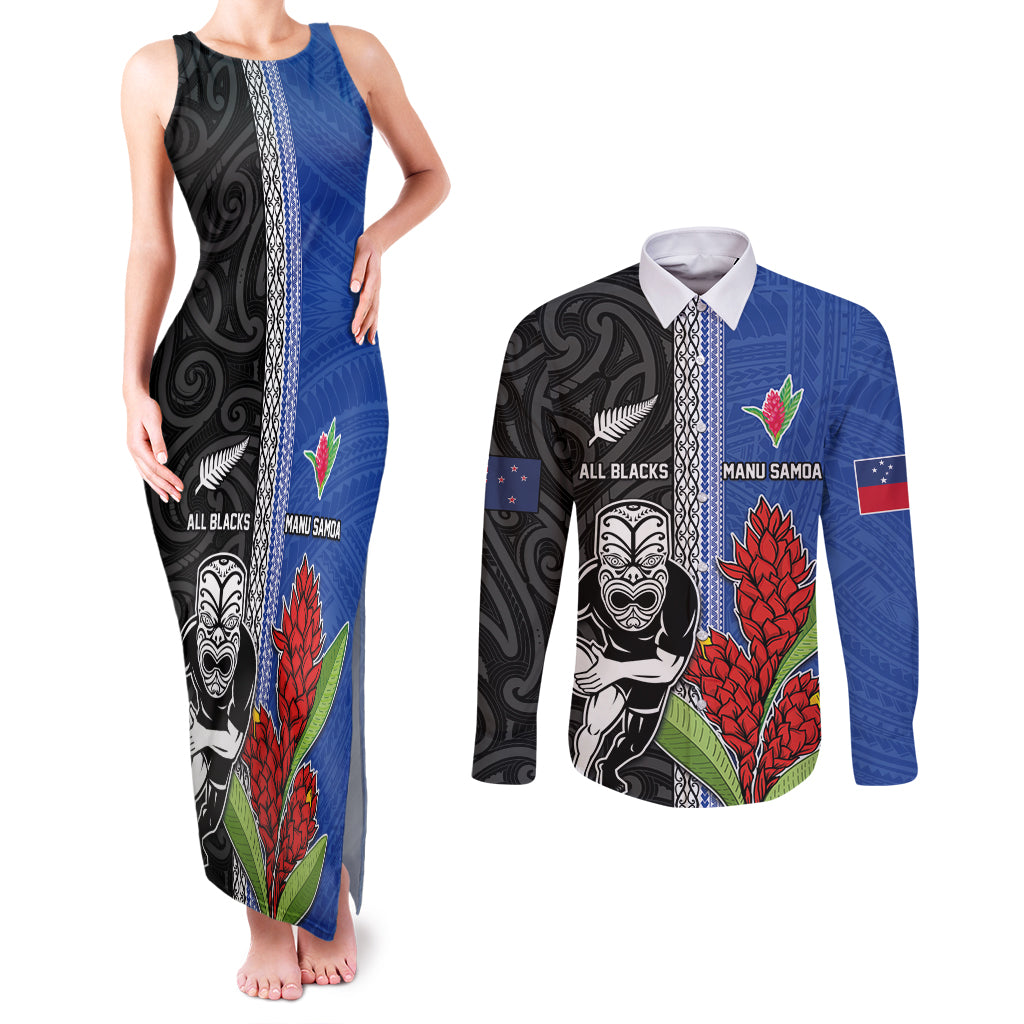 Custom Samoa and New Zealand Rugby Couples Matching Tank Maxi Dress and Long Sleeve Button Shirt Teuila Samoan and Maori Warrior